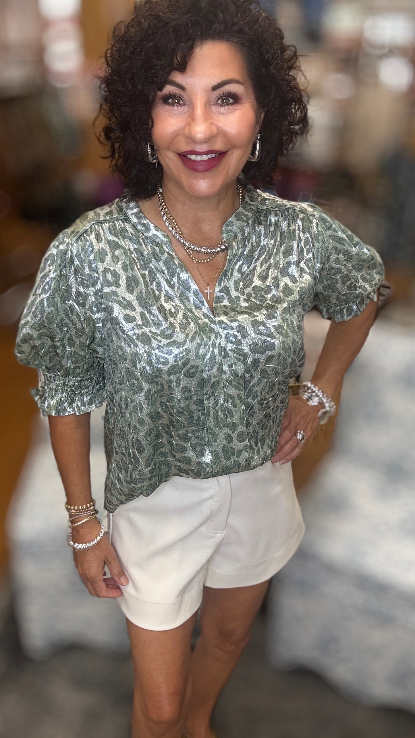 Smocked SHort Sleeve Animal Print Top
