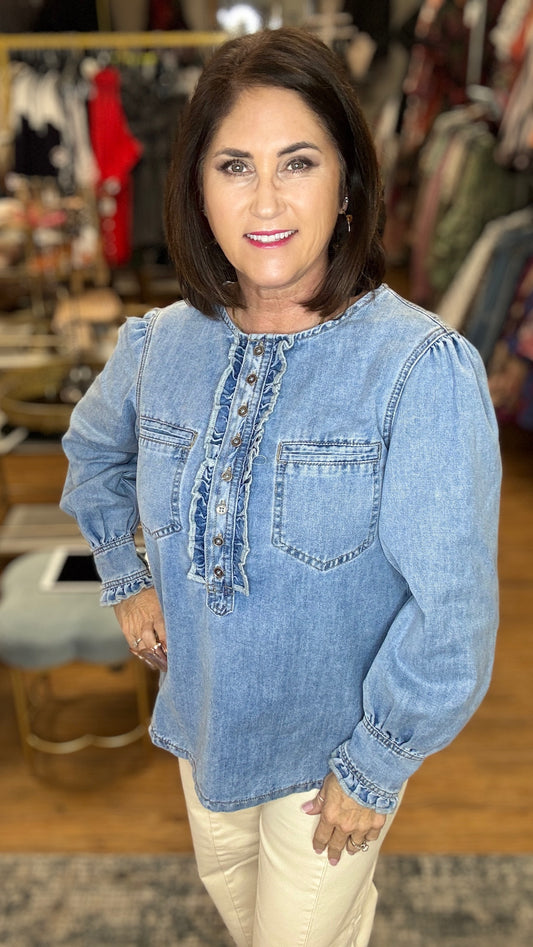 Denim Long Sleeve Quarter Button Front Top