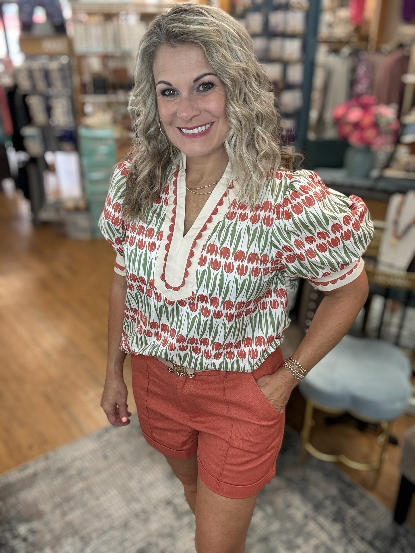 Floral pattern cuff band short puff sleeve caftan-inspired high neck