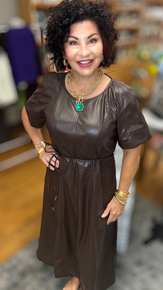 Short sleeves faux leather midi dress