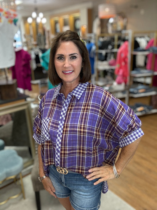 Button Up Short Sleeve Plaid Mix Top