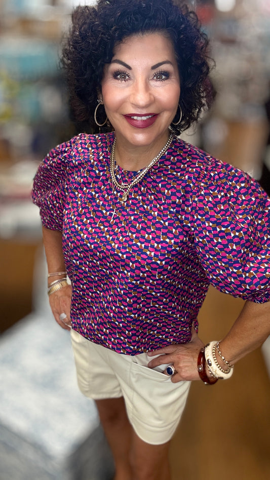 Geometric Printe Puff Sleeve Blouse