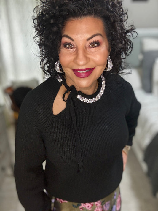 Long Sleeve Knitted Sweater w/Rhinestone Detail