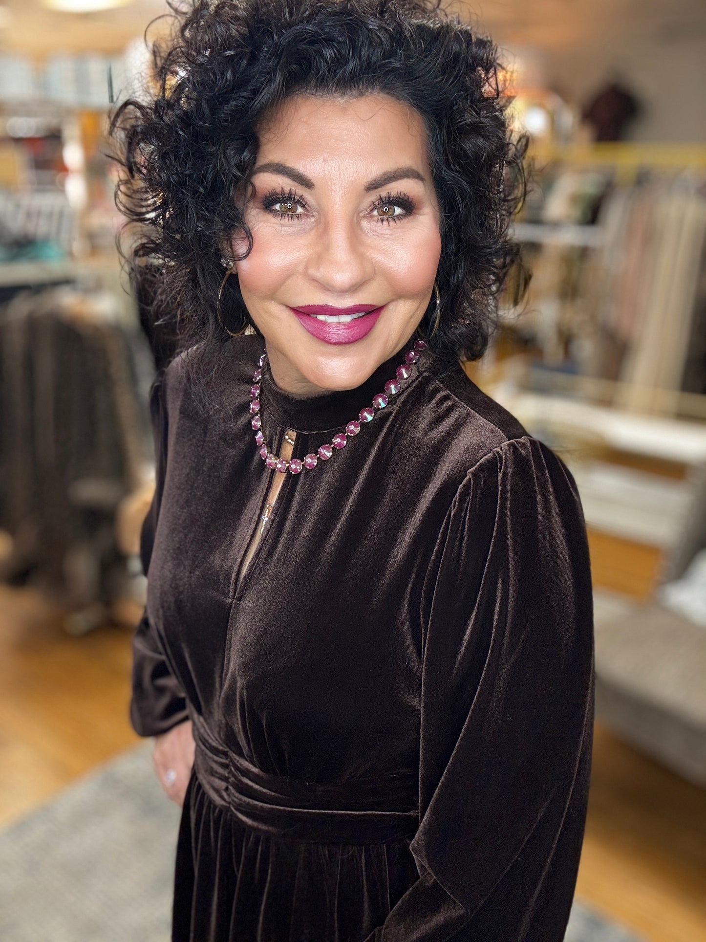 Mock Neck Shirring Waist Velvet Dress