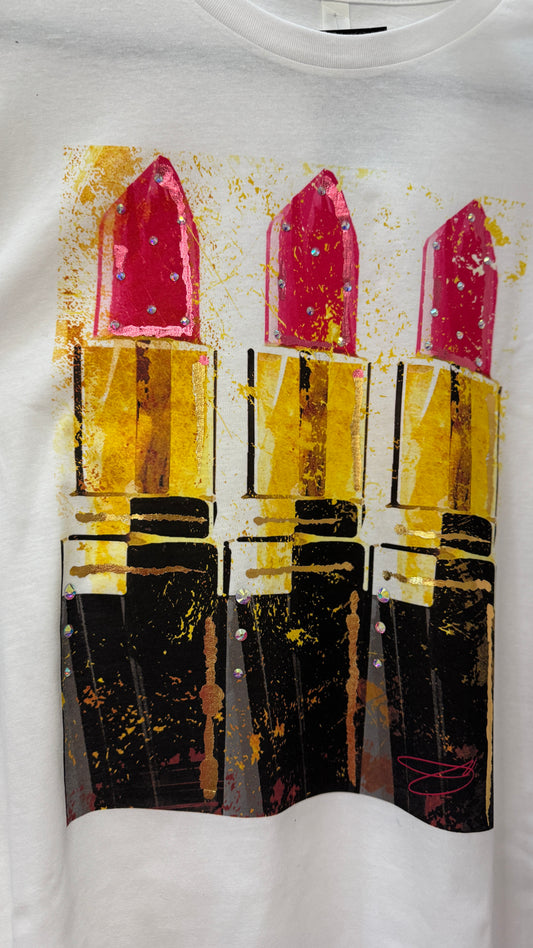 Pink Lipstick Bling & Gold Splatter Tee Shirt