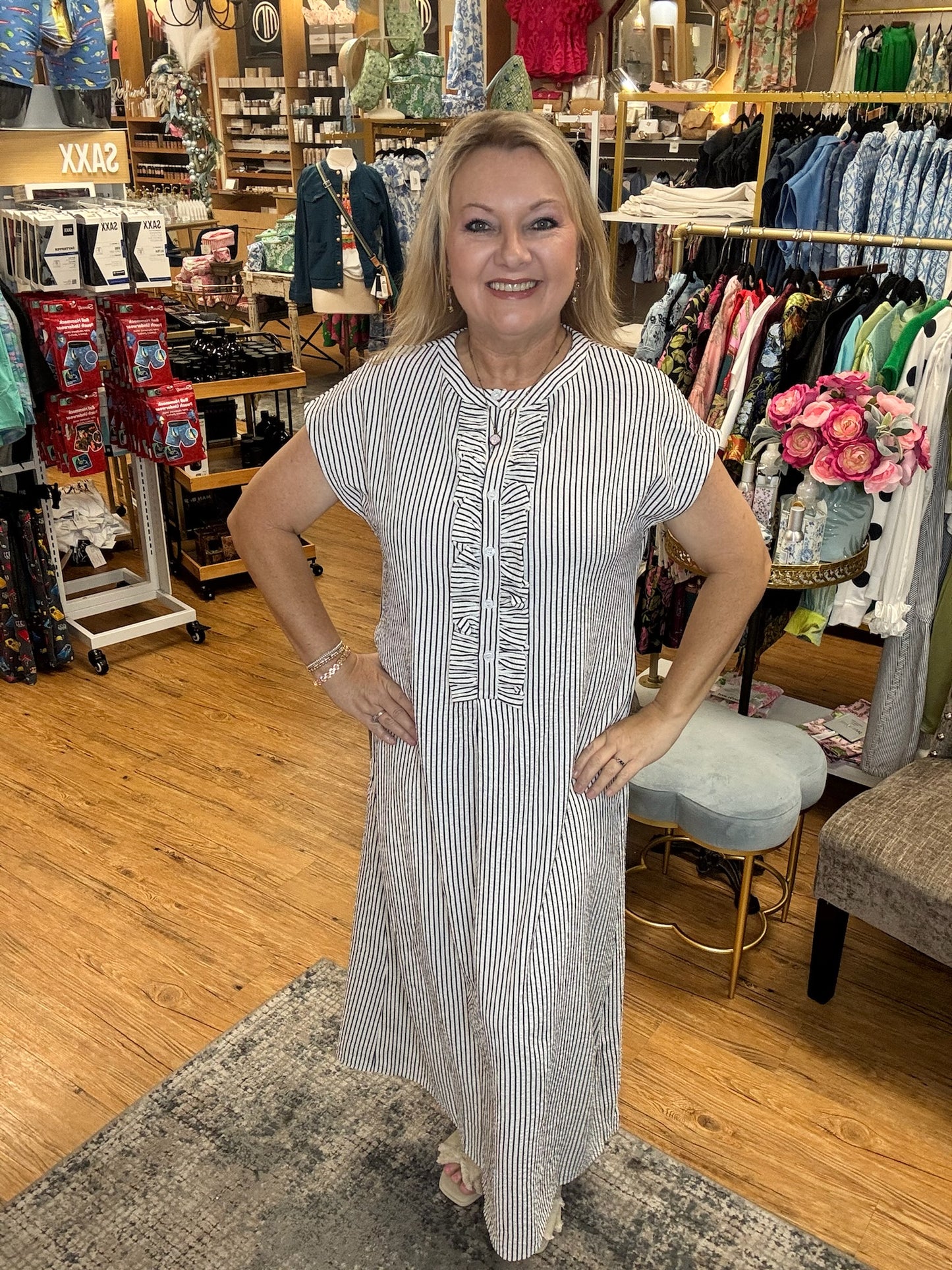Stripe Ruffle Neck Maxi Dress