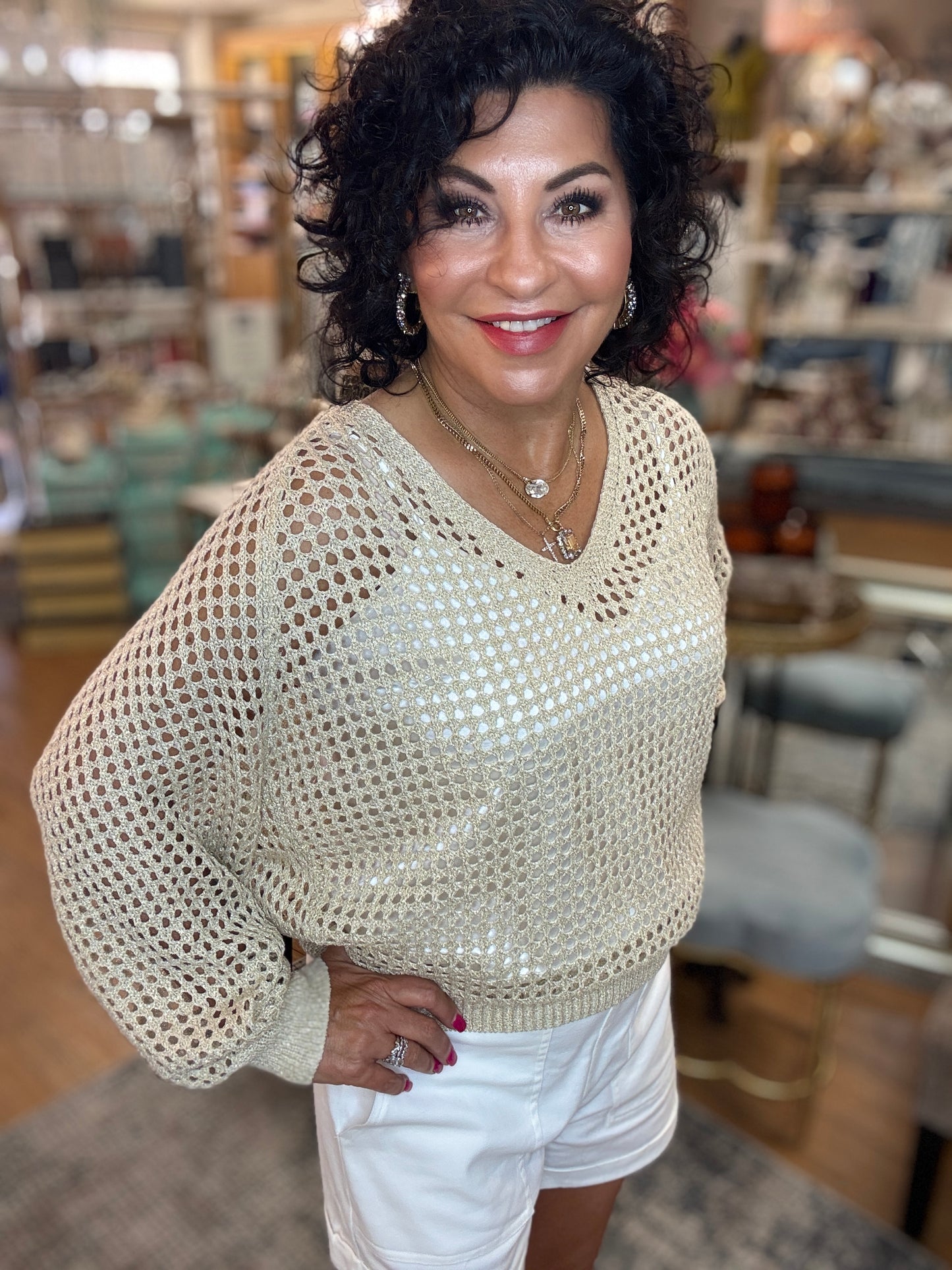 Open Weave Long Sleeve Foil Neck Top