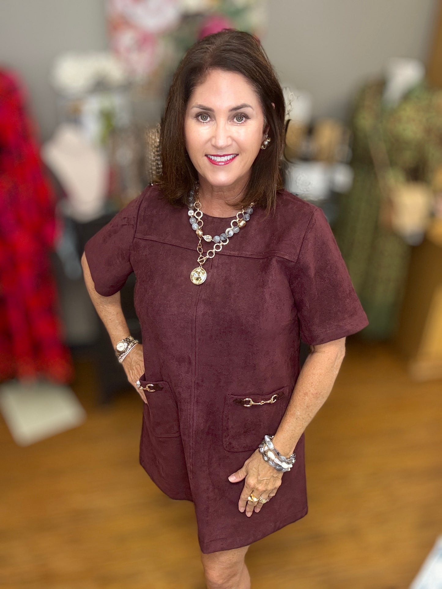 Solid short sleeve mini dress w/ Horse Bit Accent