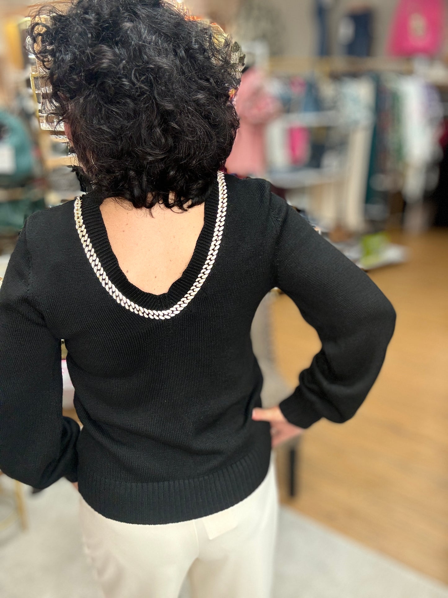 Chain Trimmed Open Black Sweater