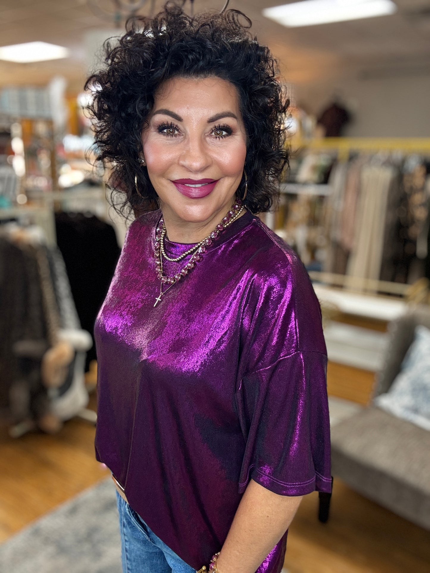 Crew Neck Metallic Foil Mardi Gras Knit Top