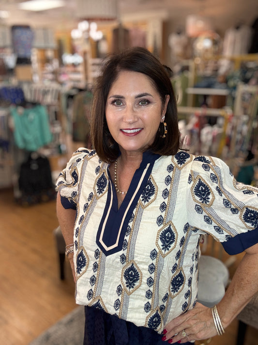 Split VNeck with emroidered Floral details in Navy