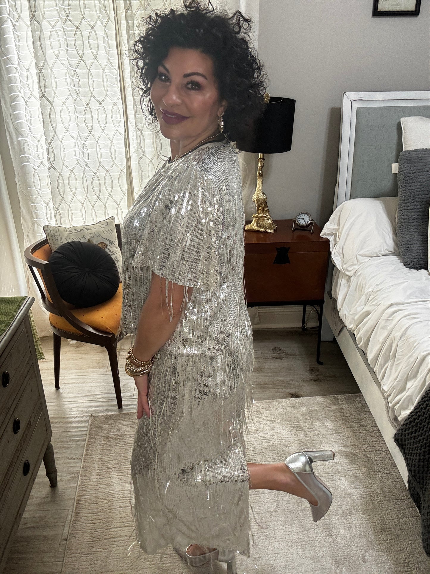 Sequin Dangling Long Skirt w/elastic