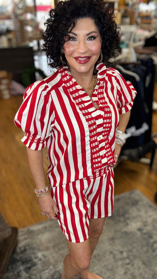 Ruffle V-Neck Smocked Puff Sleeve Blouse