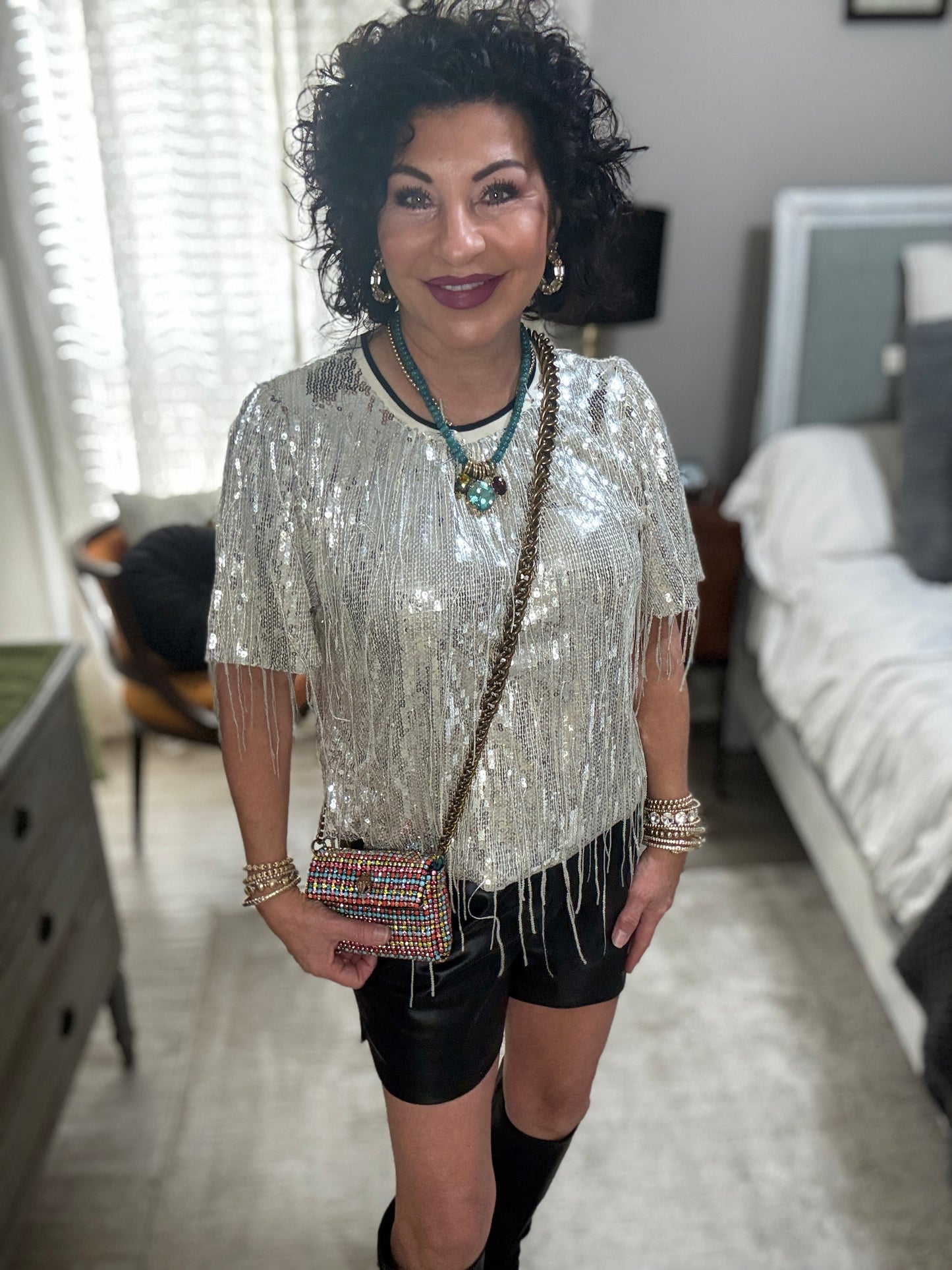 Sequin Dangling-Fringe Top