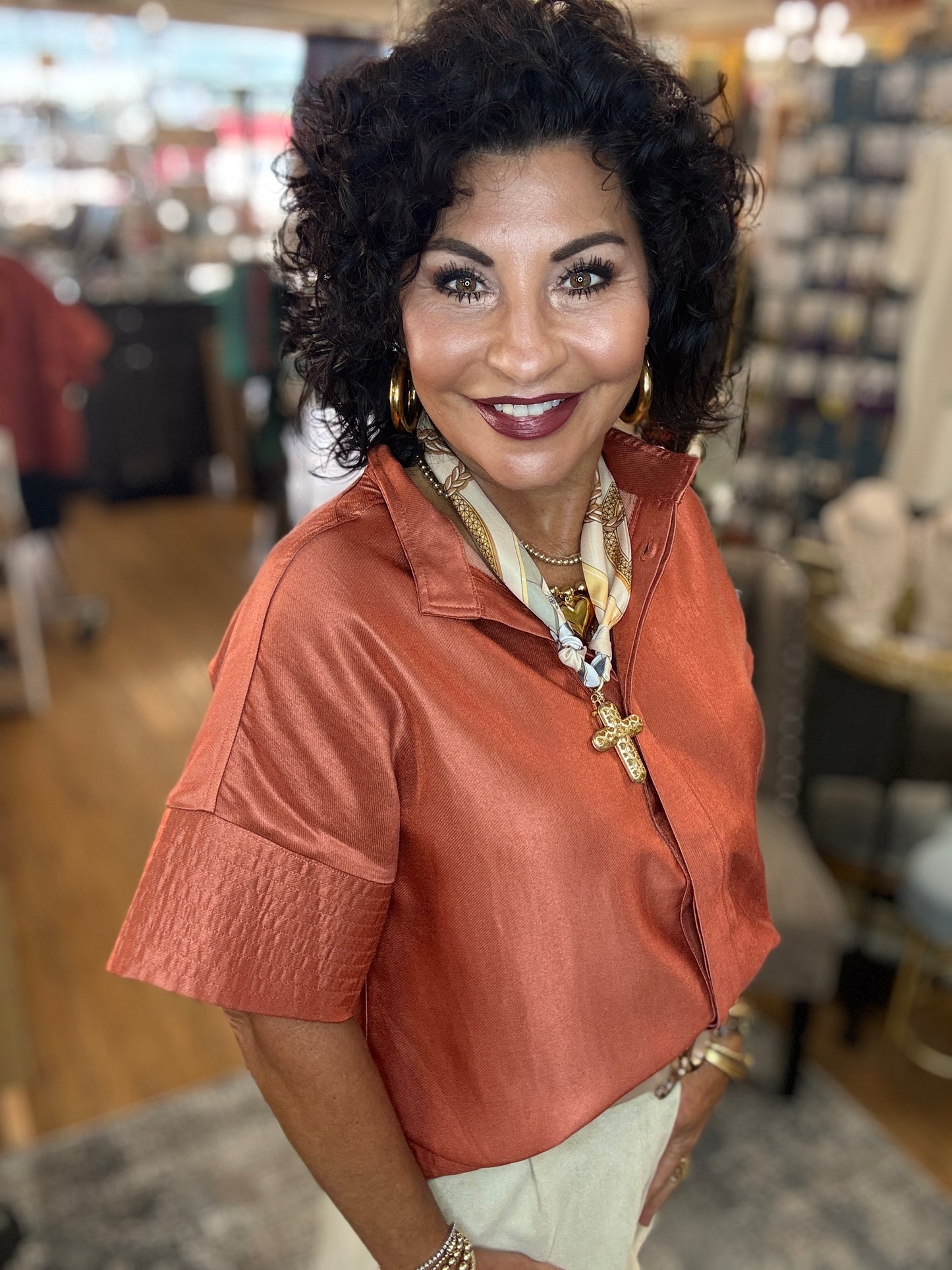 Button Front Textured Detail Trim Top
