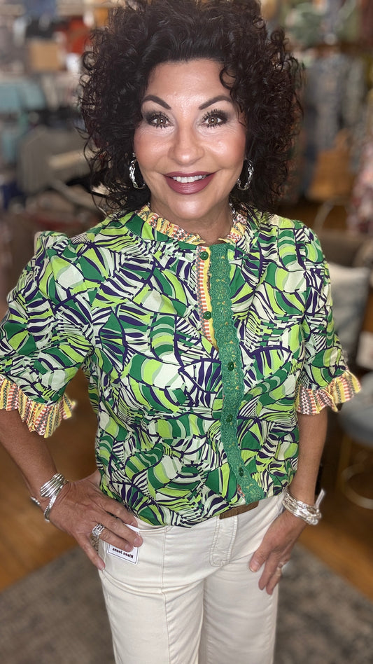 Ruffled Multi Print Button Down Top
