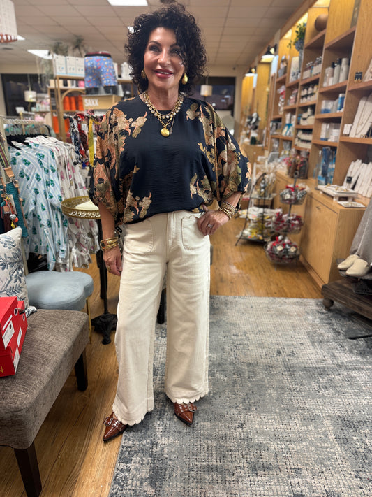 Solid high waist wide leg pants featuring scallop trim at pockets and hem