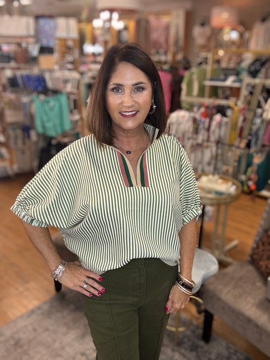 Stripe pattern high neck elasticated sleeve band dolman top