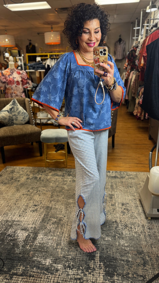 Gingham Elastic Waist Pants w/Scalloped Hem