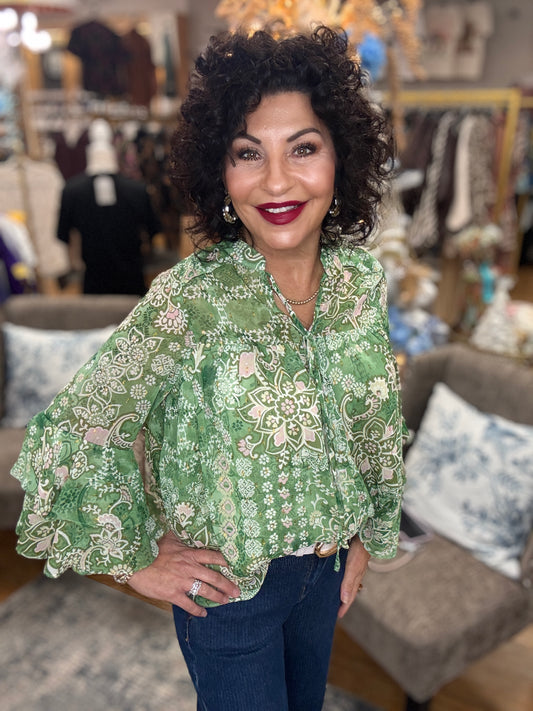 Print Chiffon W Lurex Ruffle Details Sleeve Top