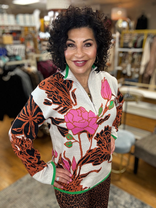 Floral Knit Quarter Zip Sweater