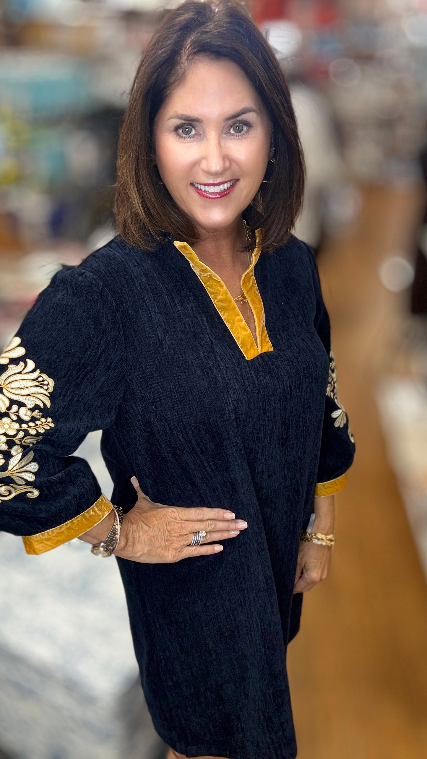 Midnight & Gold Embroidered Sleeve Velvet Shift Dress