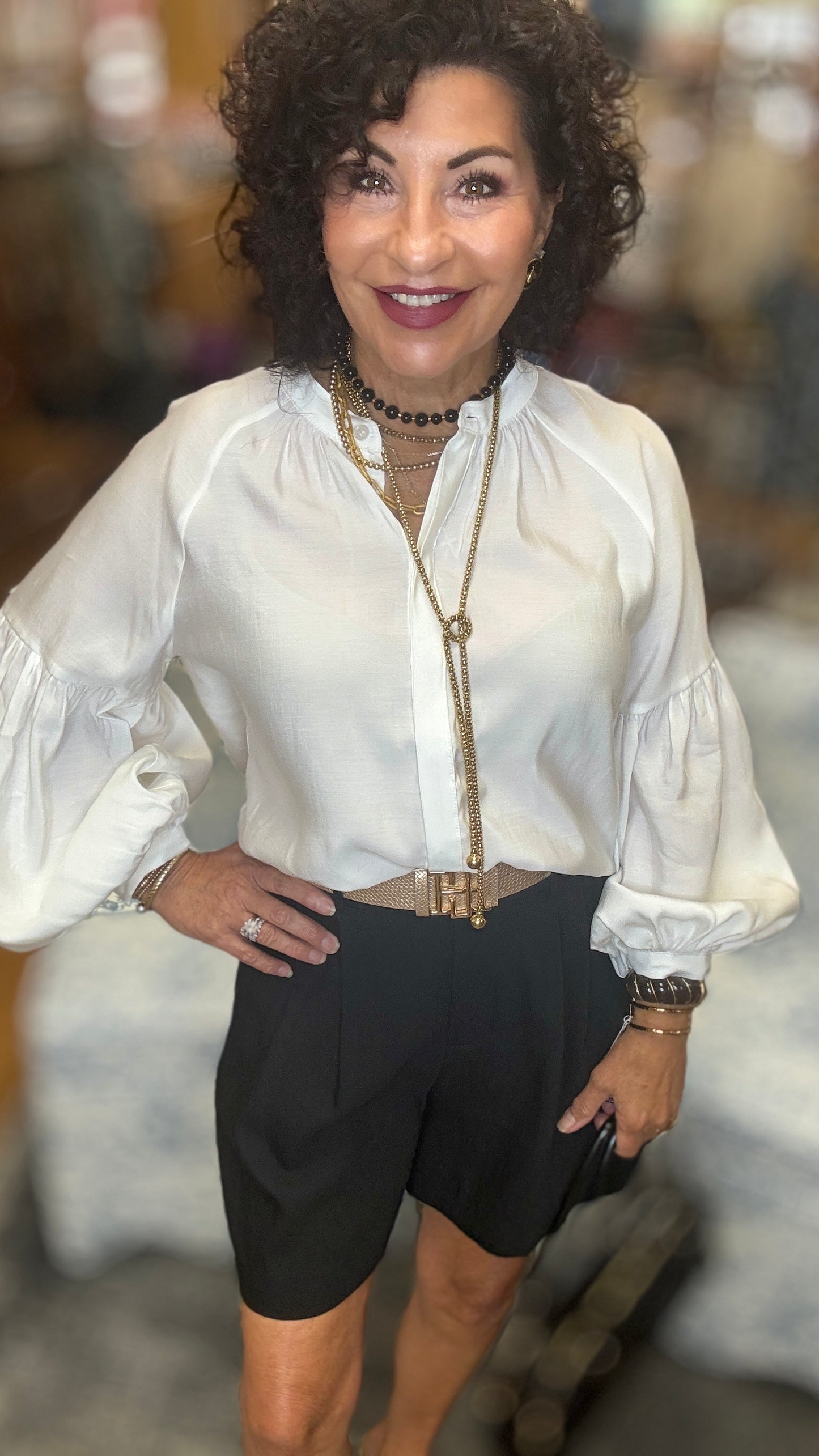 Button Down Gathered Sleeve Top