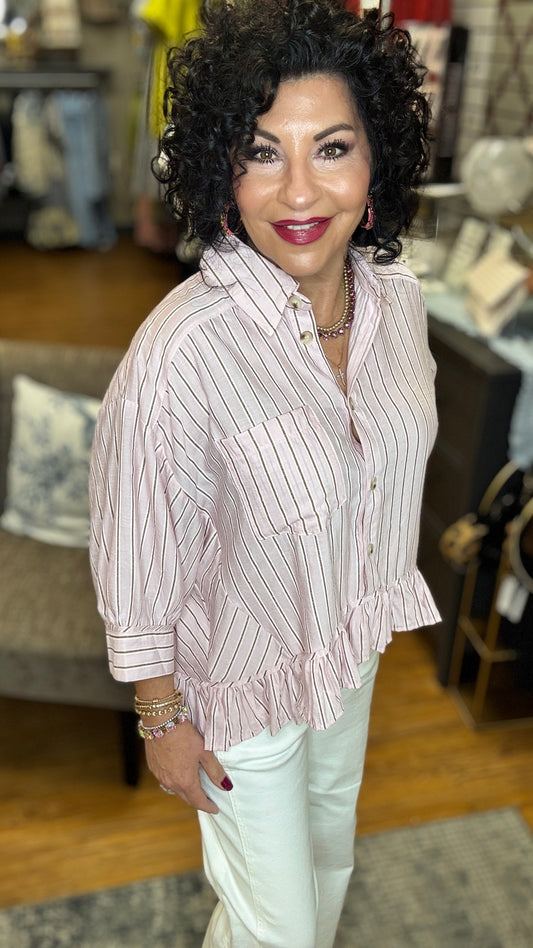 Elbow Sleeve Shirt With Ruffle