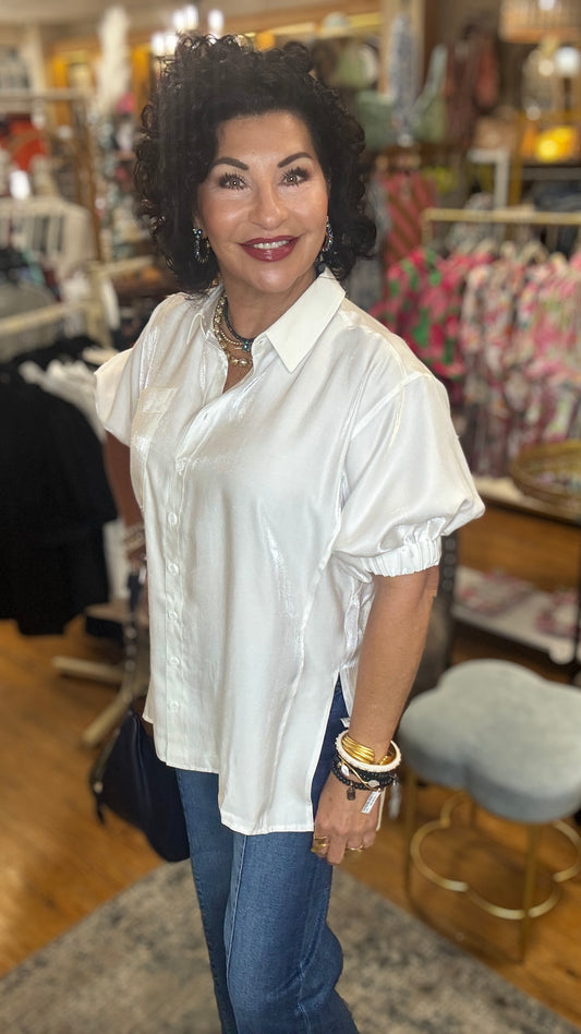 Collar Puff Sleeve Button Down Relaxed Shirt