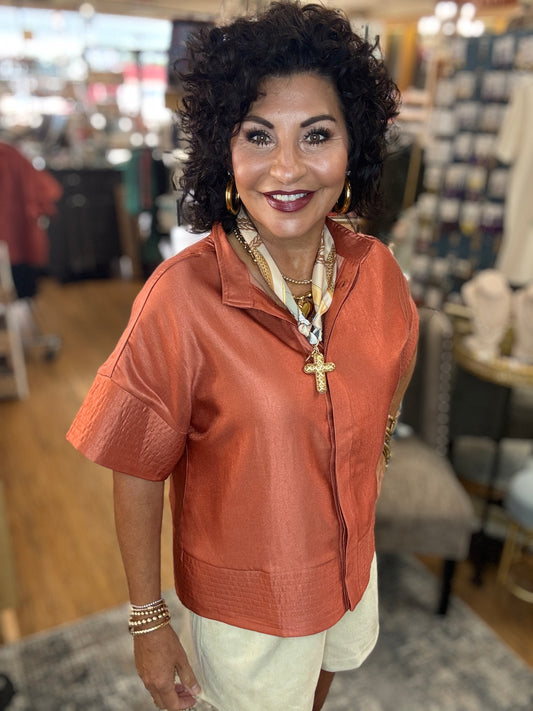 Button Front Textured Detail Trim Top