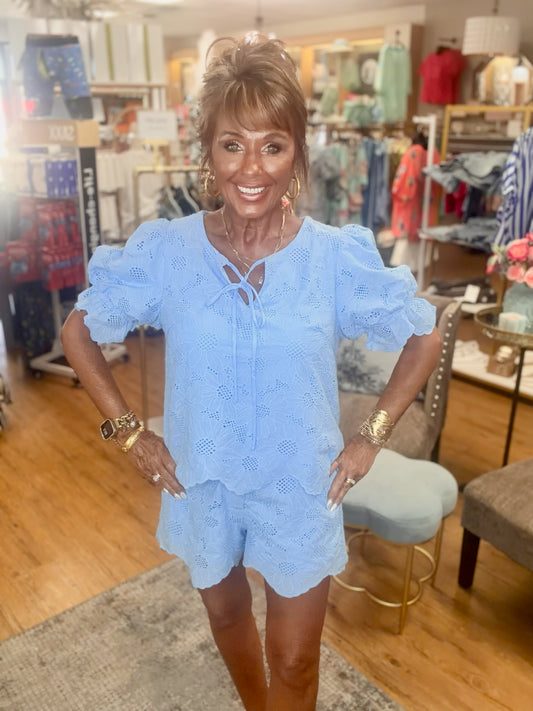 Short sleeves peasant style eyelet lace top