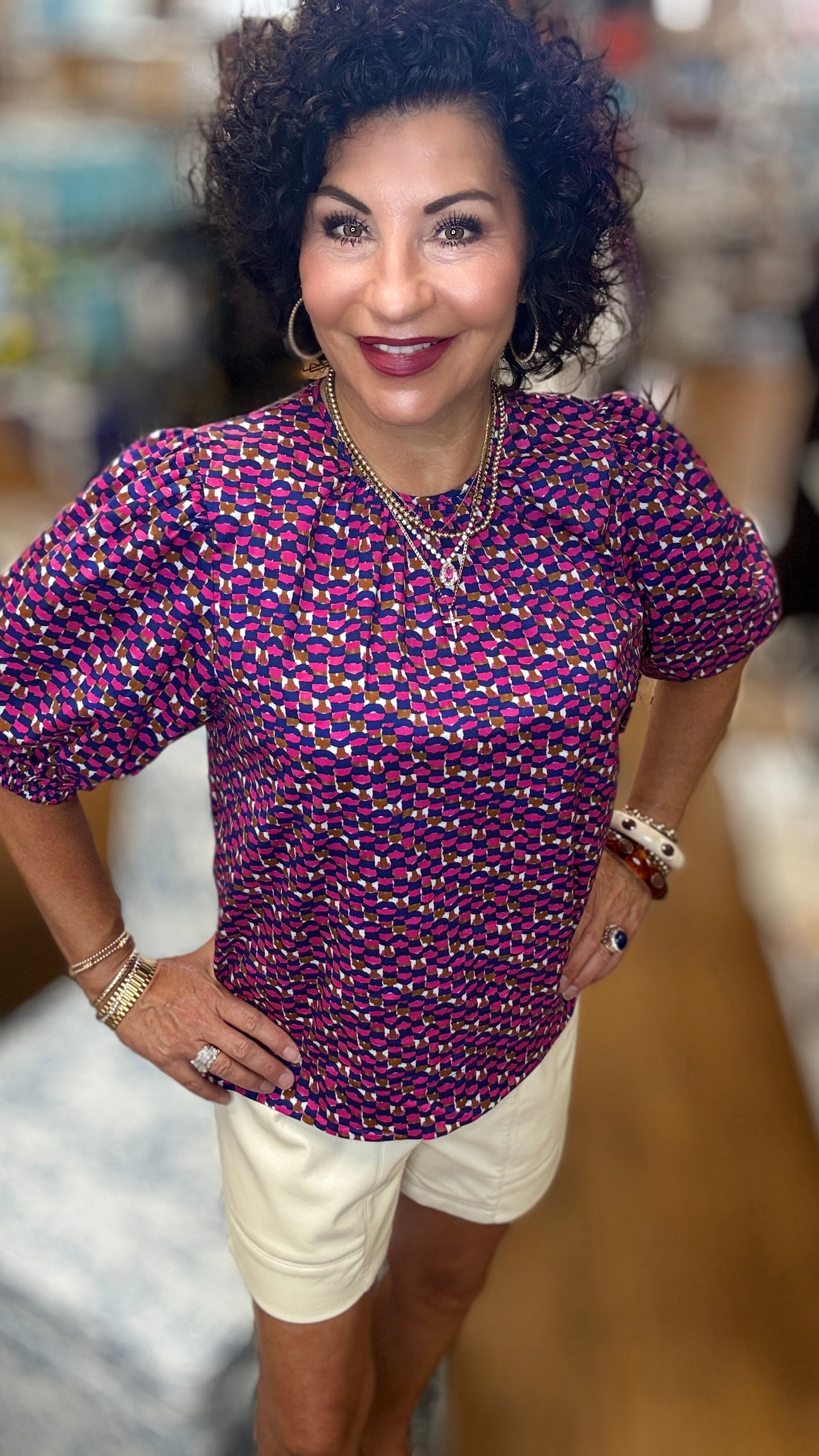 Geometric Printe Puff Sleeve Blouse