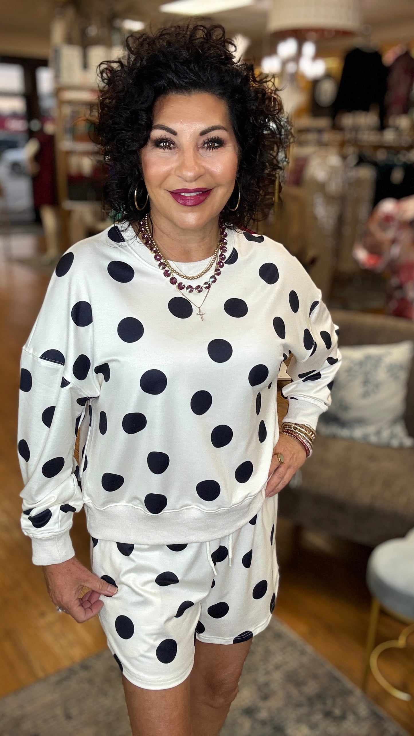 Polka Dot Print Drop Shoulder Pullover Drawstring Short Set