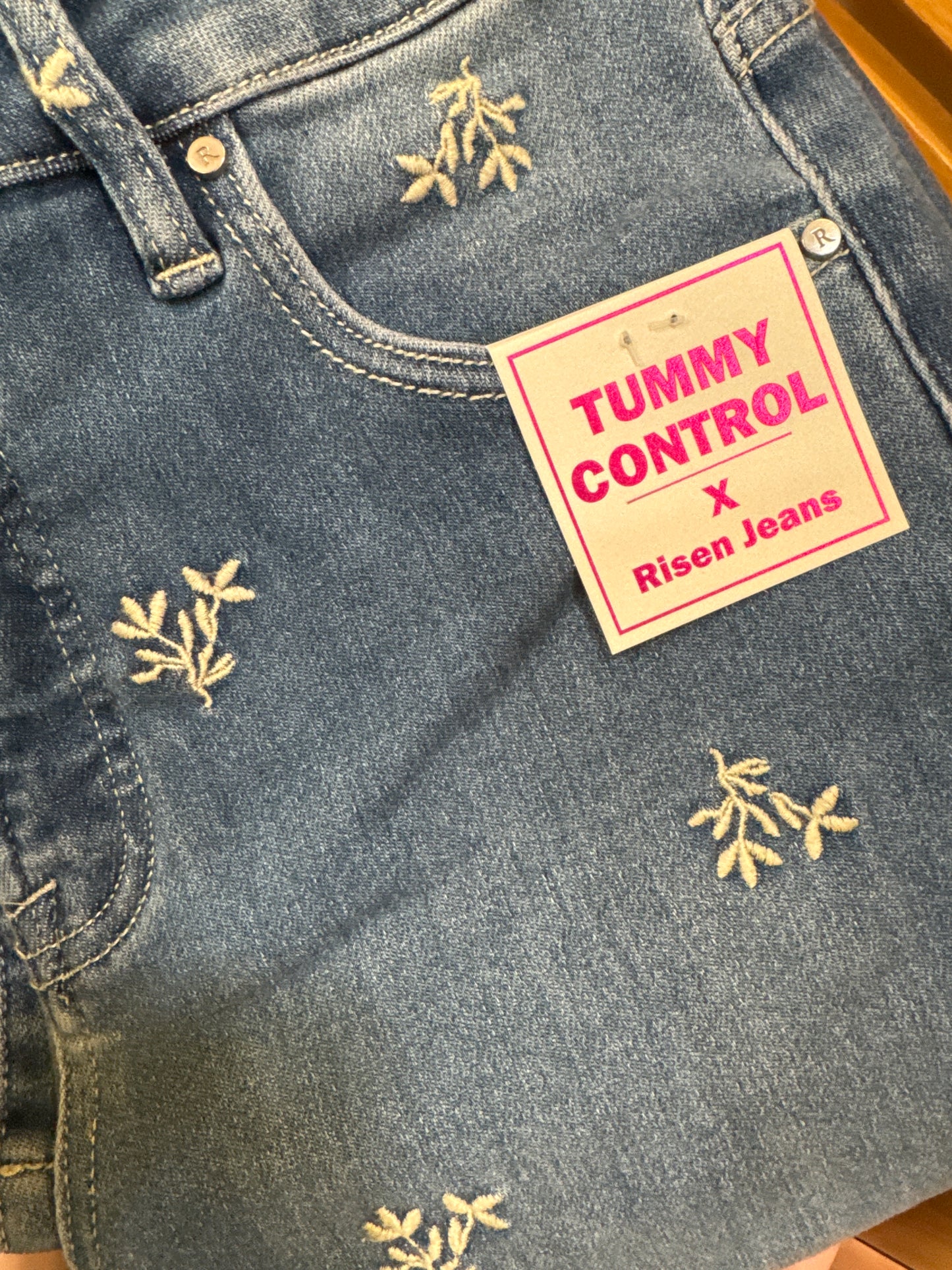 Risen High Rise Crop embroidered jeans