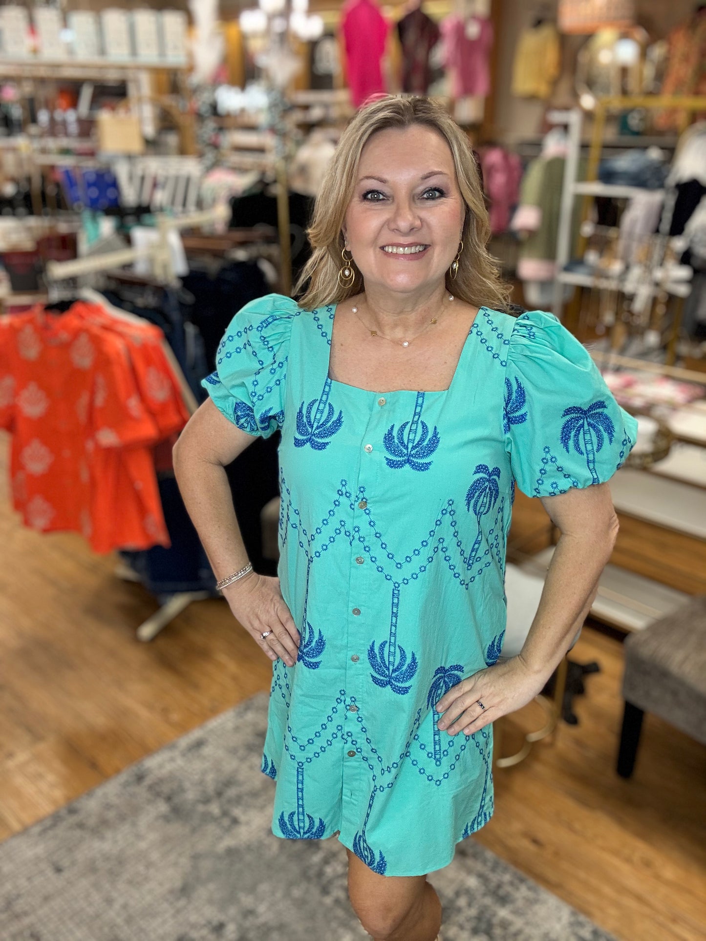 Solid embroidered puff sleeve mini dress