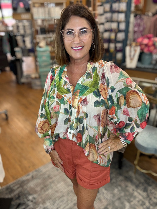 Forest Bloom Floral Print Button Down Top