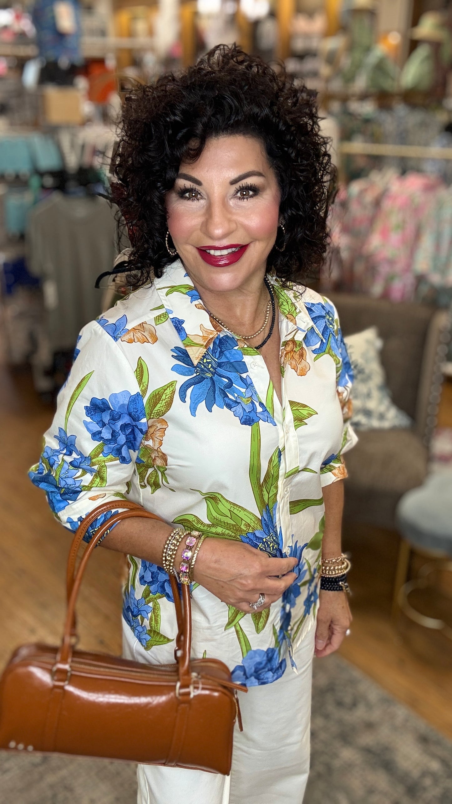 Floral Print Button Up Top w/3/4Sleeve