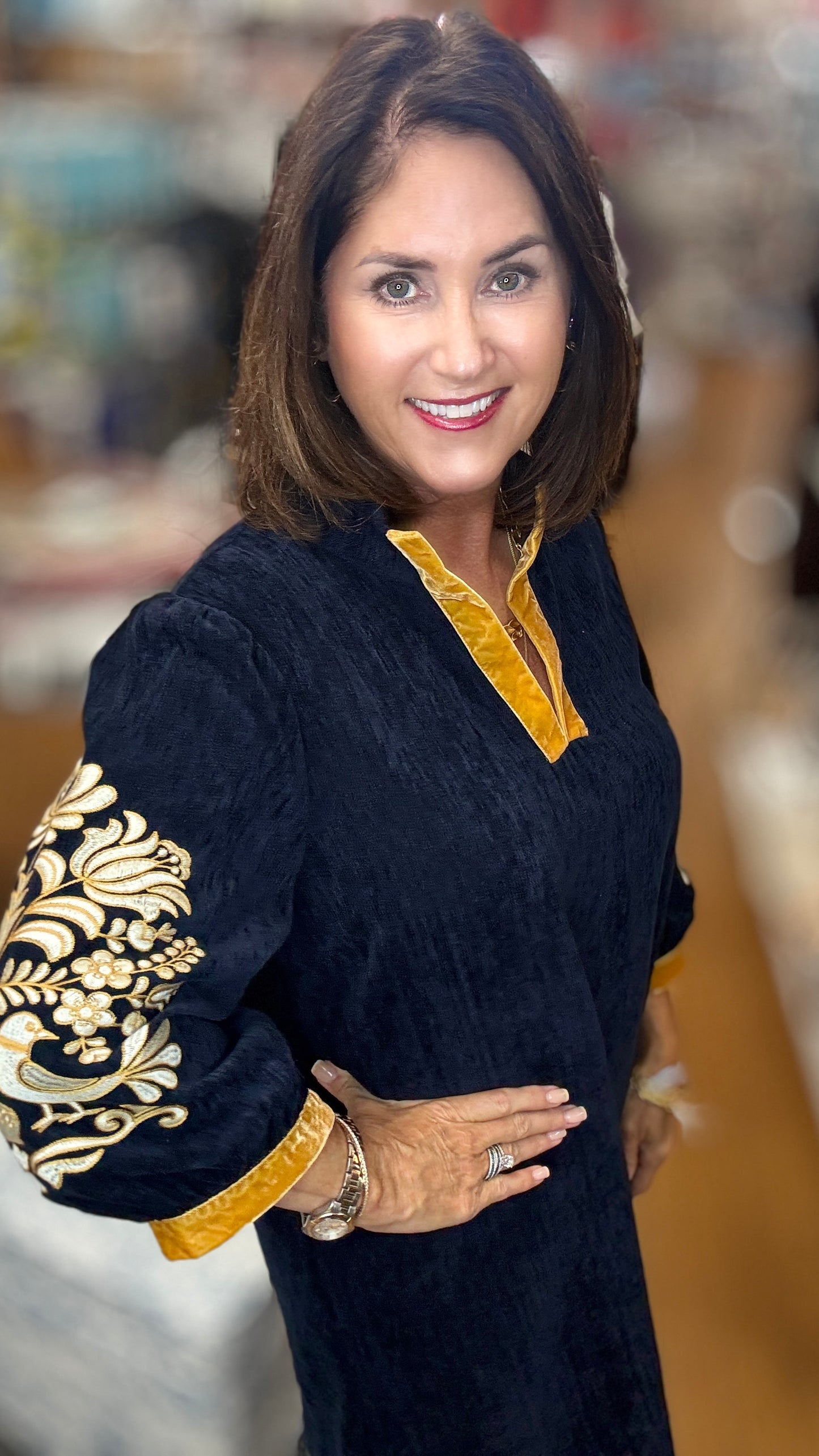 Midnight & Gold Embroidered Sleeve Velvet Shift Dress