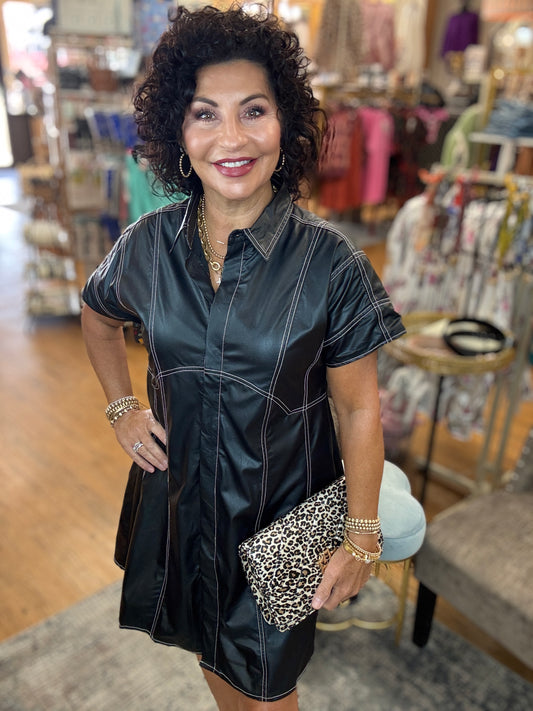 Short Sleeve Leather Dress W/Contrast Stitching