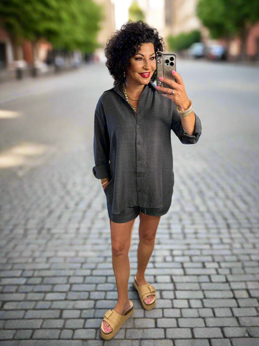 Linen Look Long Sleeve Shorts Set