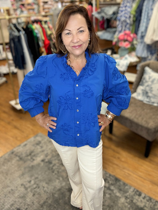 3/4 sleeves button down 3D floral top