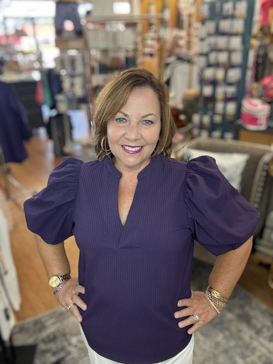 V-Neck Puff Sleeve Top w/Rib