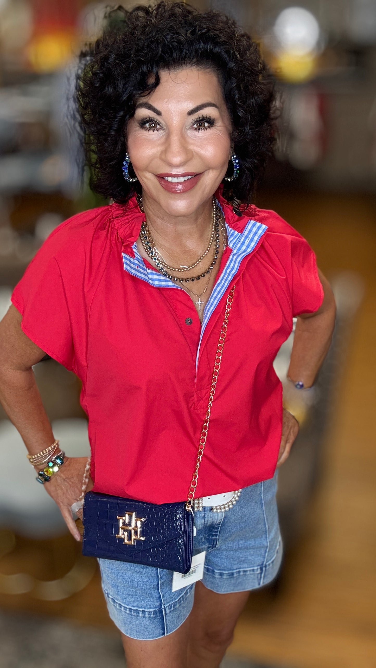 Quarter Button up w/Elastic Contrast Top