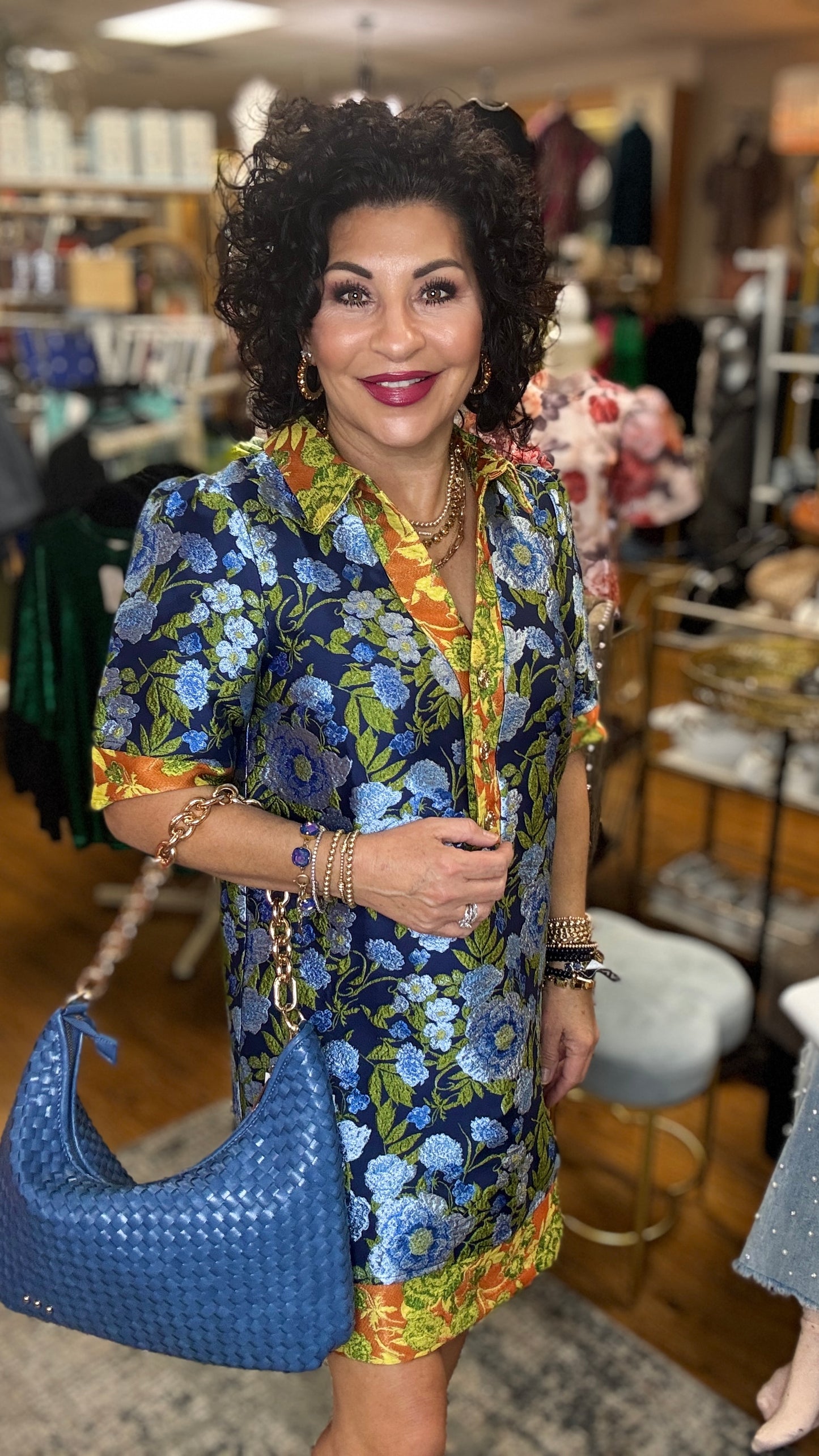 Collared V-Neck Half Button Jacquard Dress