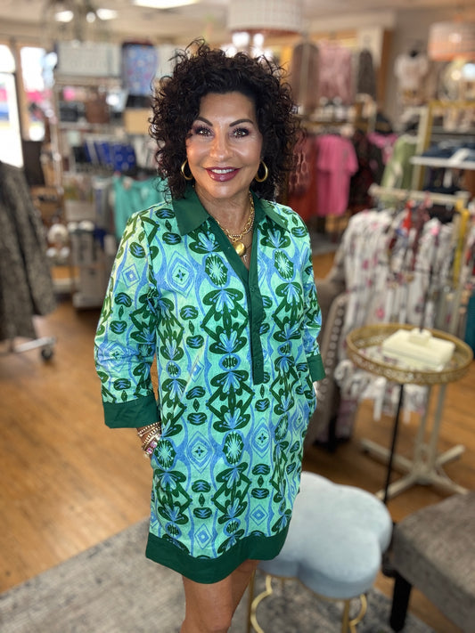 3/4 sleeves boho floral dress with side pockets, solid contrast accen