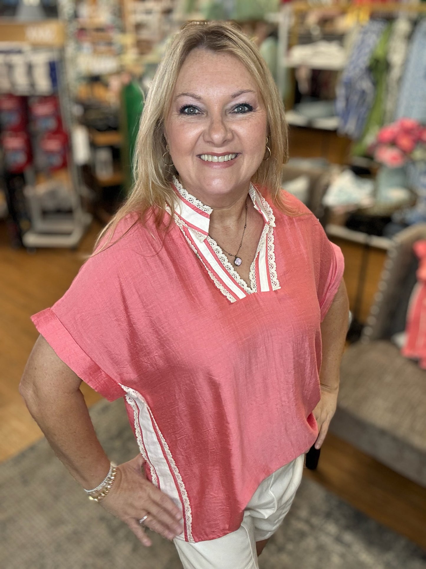 V-Neck Top w/Lace Trim Detail