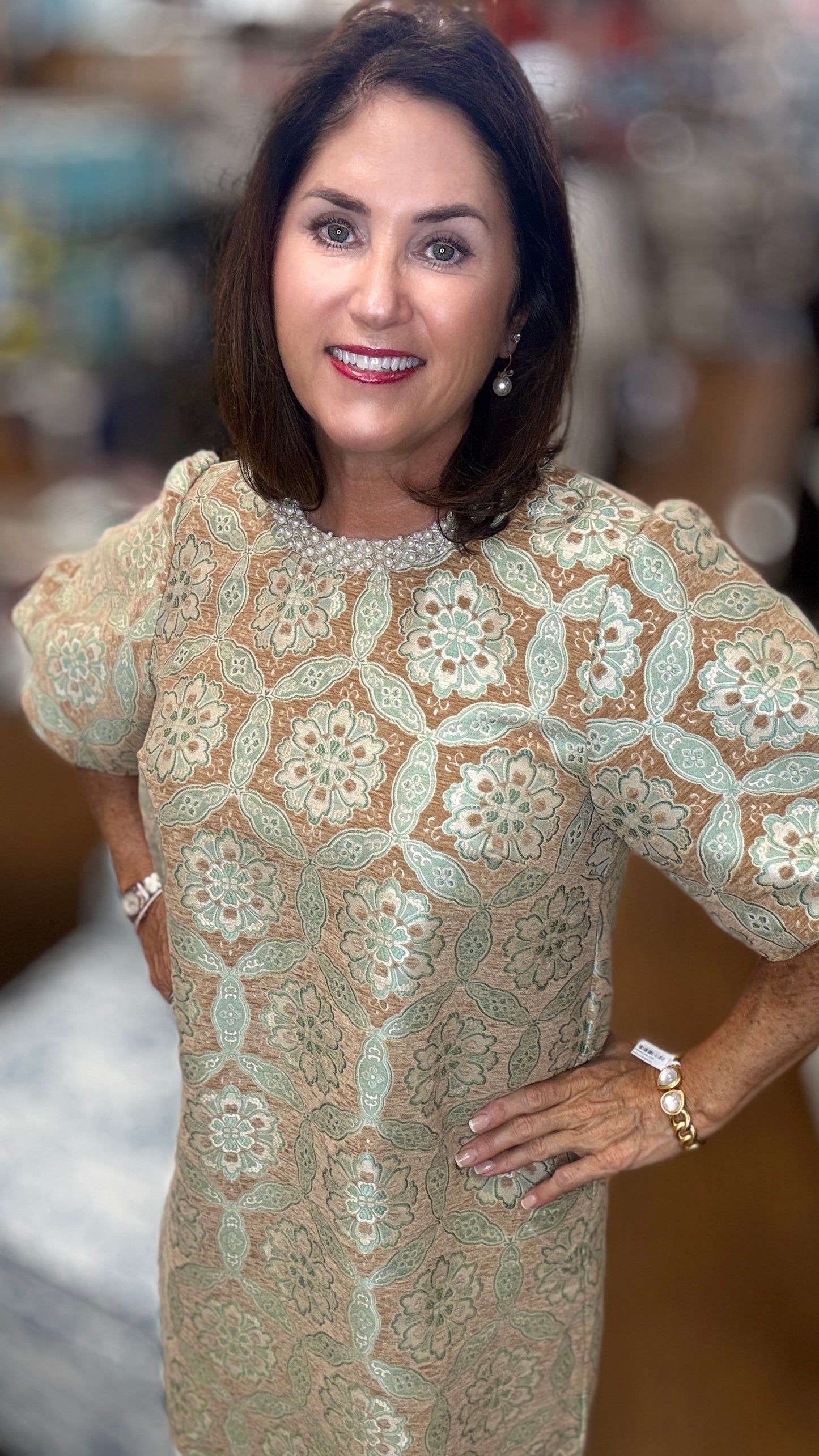 Beaded Neckline Geo Velvet Jacquard Dress