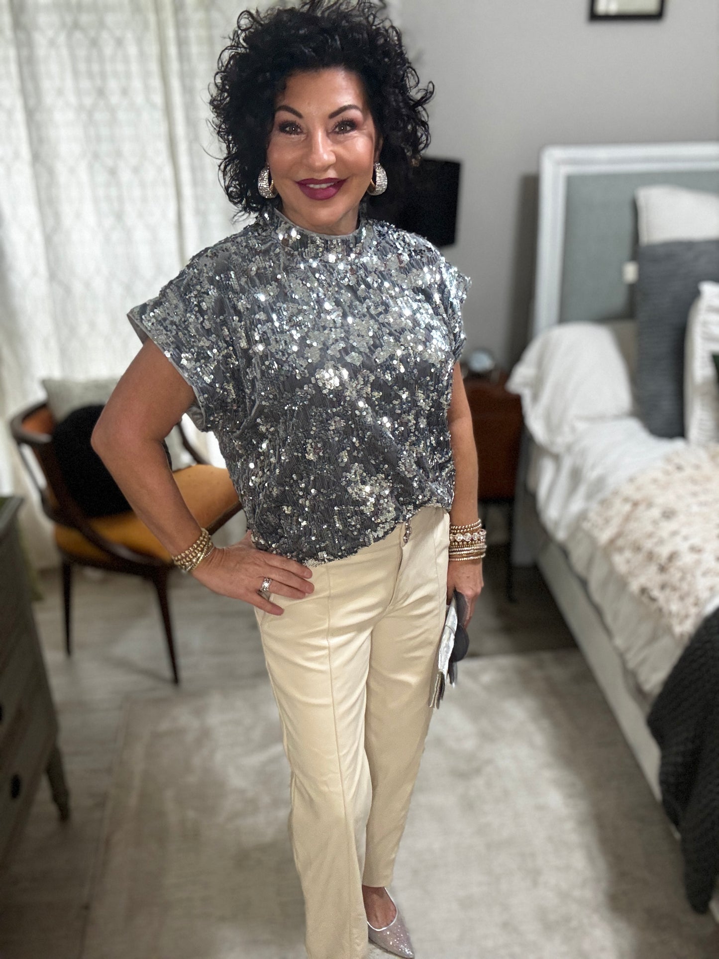 Short Sleeve Sequined Mock Neck Top