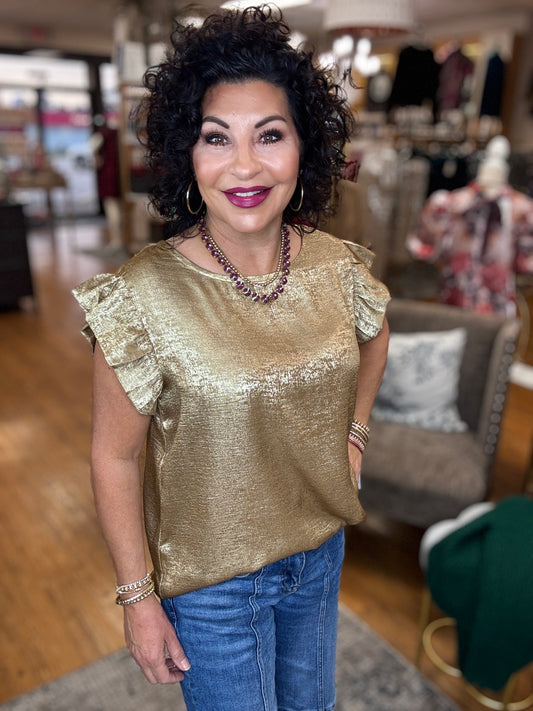 Metallic Round Neck Ruffle Trim Sleeveless Top