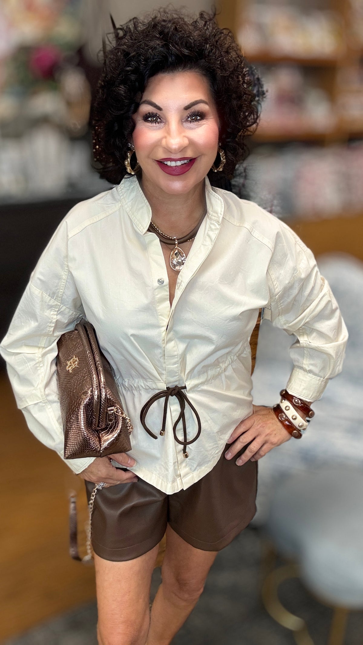 Button up Drawstring Shirt Long Sleeve